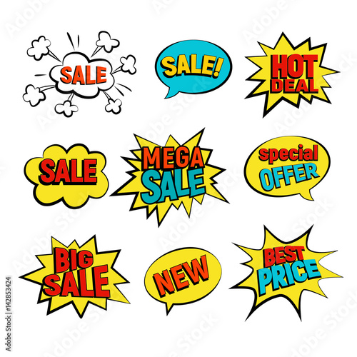Sale cartoon vector set. Big, Mega sale, Best price and Hot deal comic style, flat. New, Special offer on spech bubble. Explosion bubbles isolated discount promotion