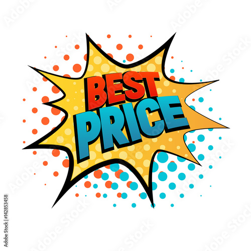 Best price star bubble comic style vector illustration. Cartoon yellow star, isolated on white background. Tag icons with dot, pop art style