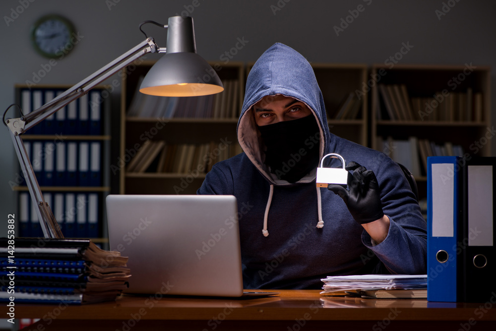 Hacker stealing personal data from home computer Hacker stealing personal data from home computer