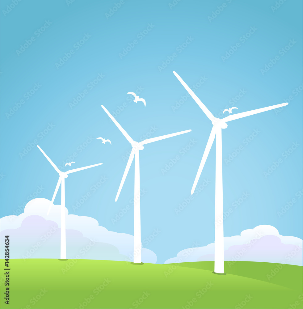 Electric windmills on green grass field Electric windmills on green grass field