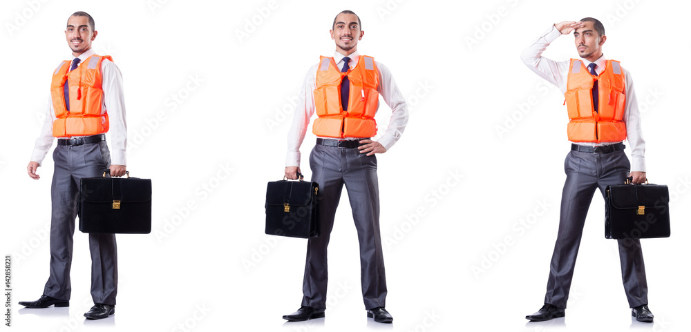 Obraz premium Man in life jacket isolated on white