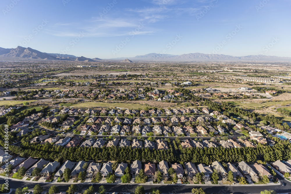 Aerial view of suburban residential neighborhood in northwest Las Vegas, Nevada.