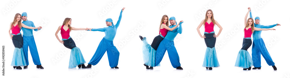 Pair of dancers dancing modern dance isolated on white