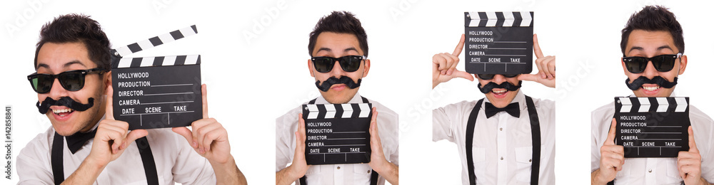 Whiskered young man with clapperboard isolated on white Whiskered young man with clapperboard isolated on white