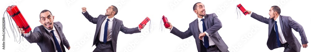 Businessman with dynamite isolated on white Businessman with dynamite isolated on white