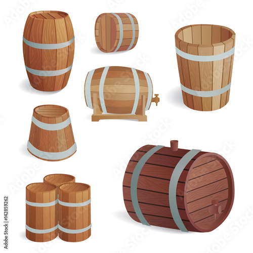 Wooden barrel vintage old style oak storage container and brown isolated retro liquid beverage object fermenting distillery cargo drum lager vector illustration.
