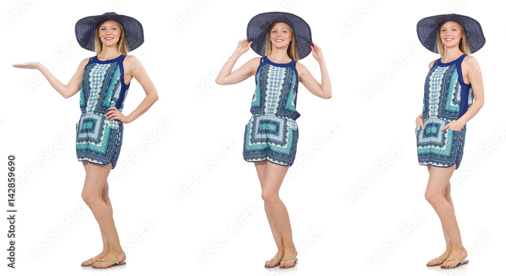 Collage of woman in blue dress and panama on white Collage of woman in blue dress and panama on white