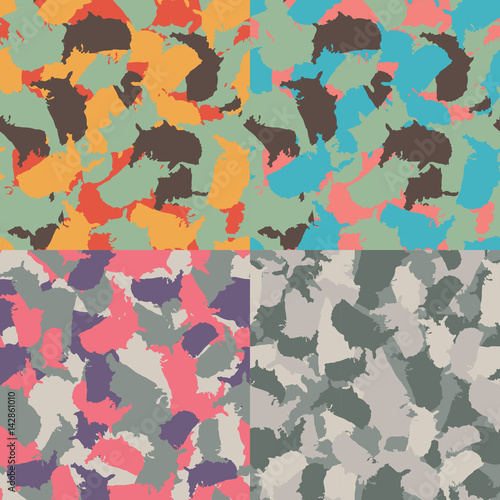 Colorful America urban camouflage. Set of USA shape camo seamless pattern. Vector fabric textile. Military print design