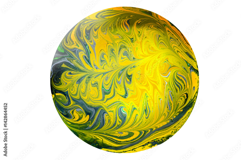 A marbled yellow, green and blue sphere made from swirled paint pattern A marbled yellow, green and blue sphere made from swirled paint pattern
