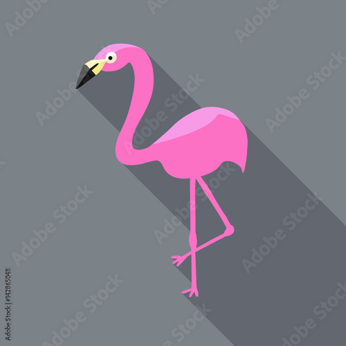 flamingo vector in flat icon design with shadows, hot pink bird icon or illustration, flamingo is standing on one leg on gray background