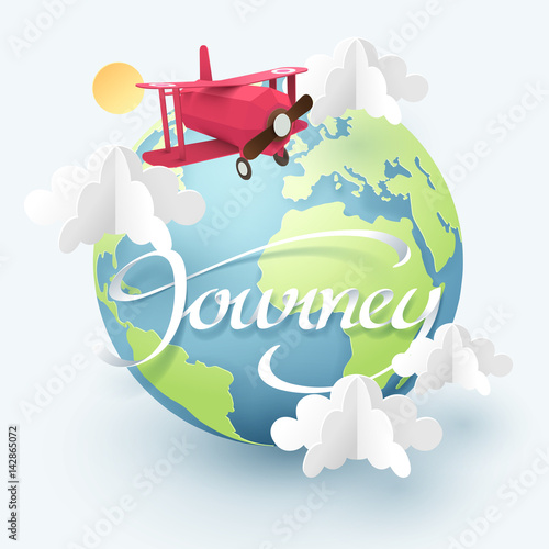 Paper art and origami of red plane fly around the world, travel and journey idea in transportation concept