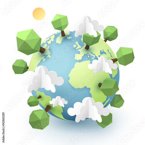 Paper art and origami of Earth with save the world calligraphy hand lettering, world sustainable environment friendly idea
