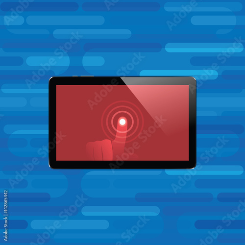 Digital tablet with shiny sensor screen with touch hand. Electronic smart device