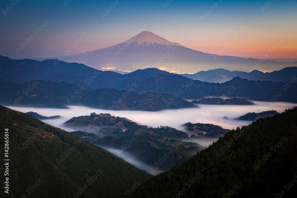 Mt. Fuji at sunrise time with sea of mist