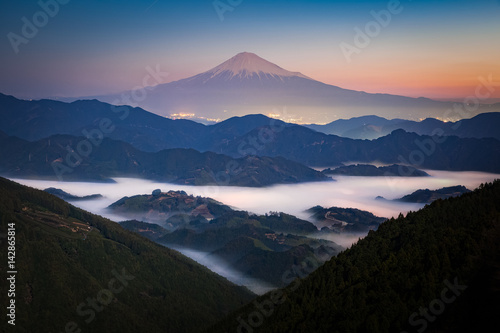 Mt. Fuji at sunrise time with sea of mist