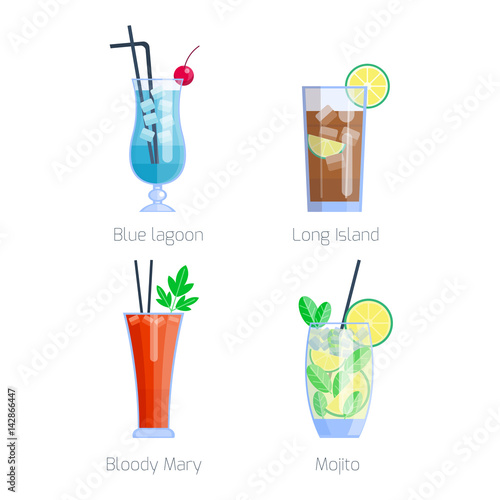 Set of alcoholic cocktails isolated fruit cold drinks tropical cosmopolitan freshness collection and party alcohol sweet tequila vector illustration.