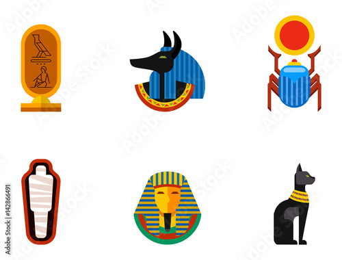 Set of vector flat design egypt travel icons culture ancient elements illustration.