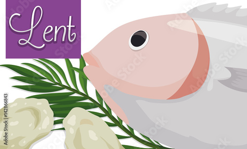 Fasting Bread, Fish and Palm Leaves for Lent Season, Vector Illustration