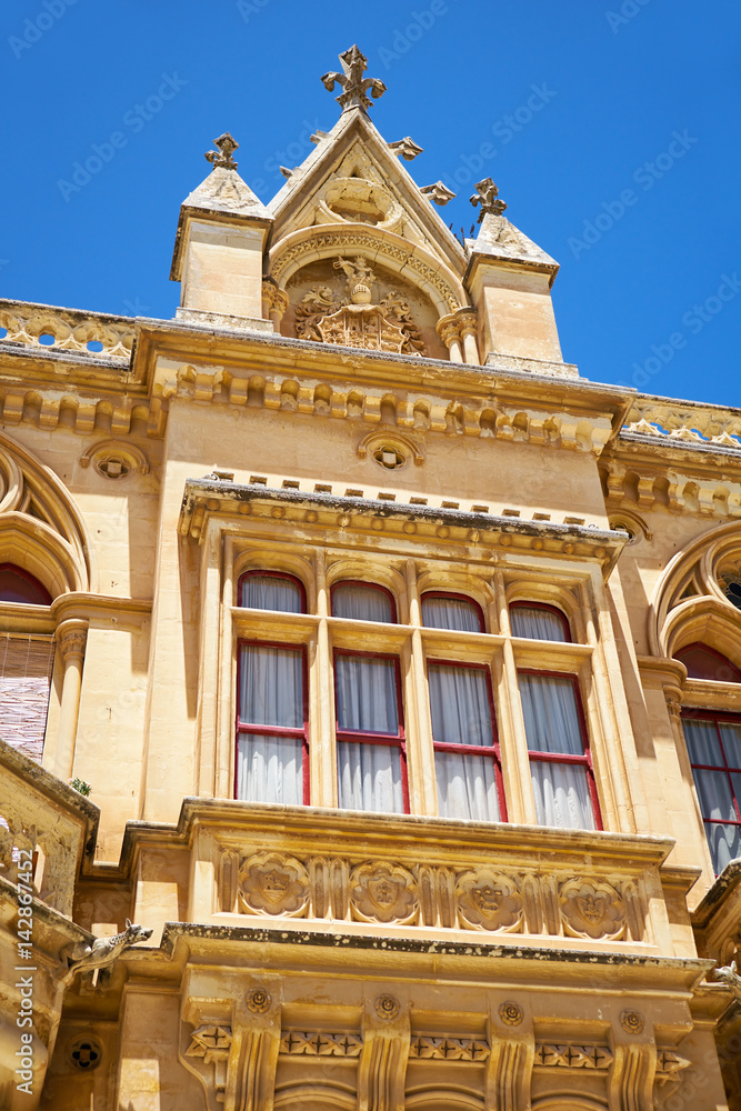 The facade of Bishop's Palace on the Pjazza San Pawl in Mdina. Malta
