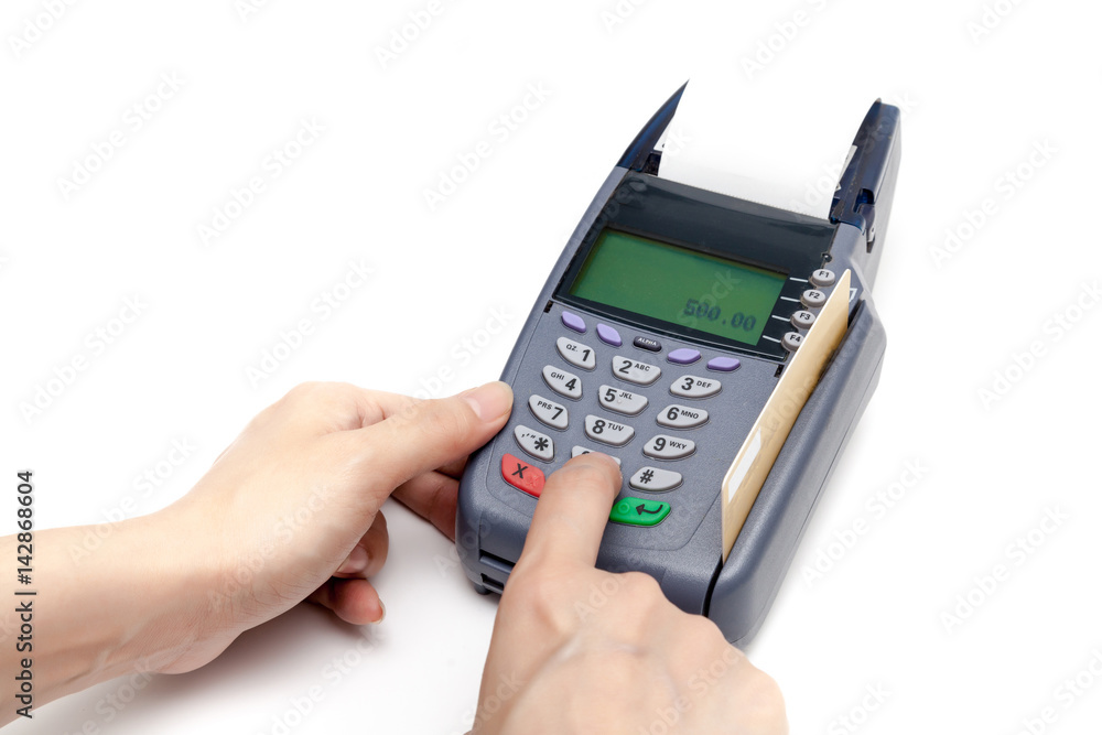 Payment by Credit Card Machine on white background.