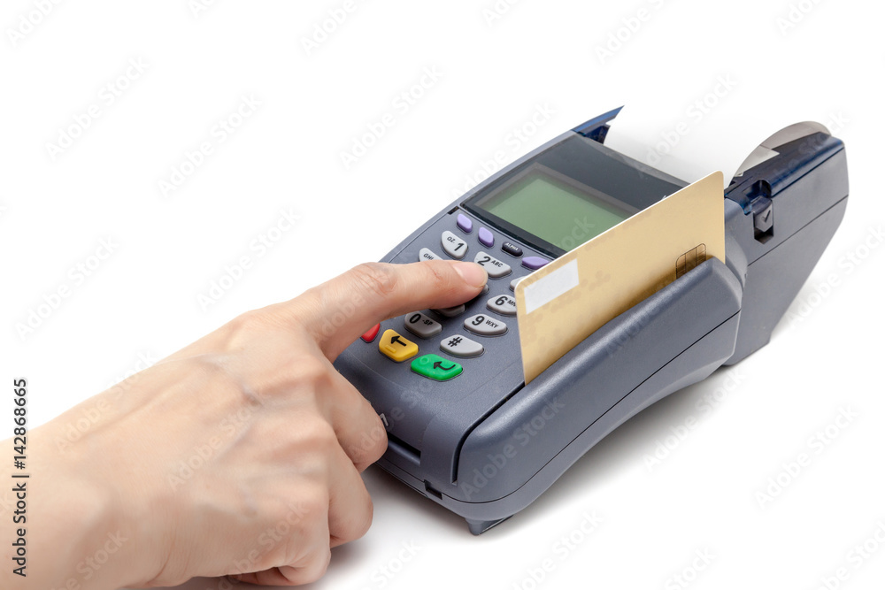 Payment by Credit Card Machine on white background.