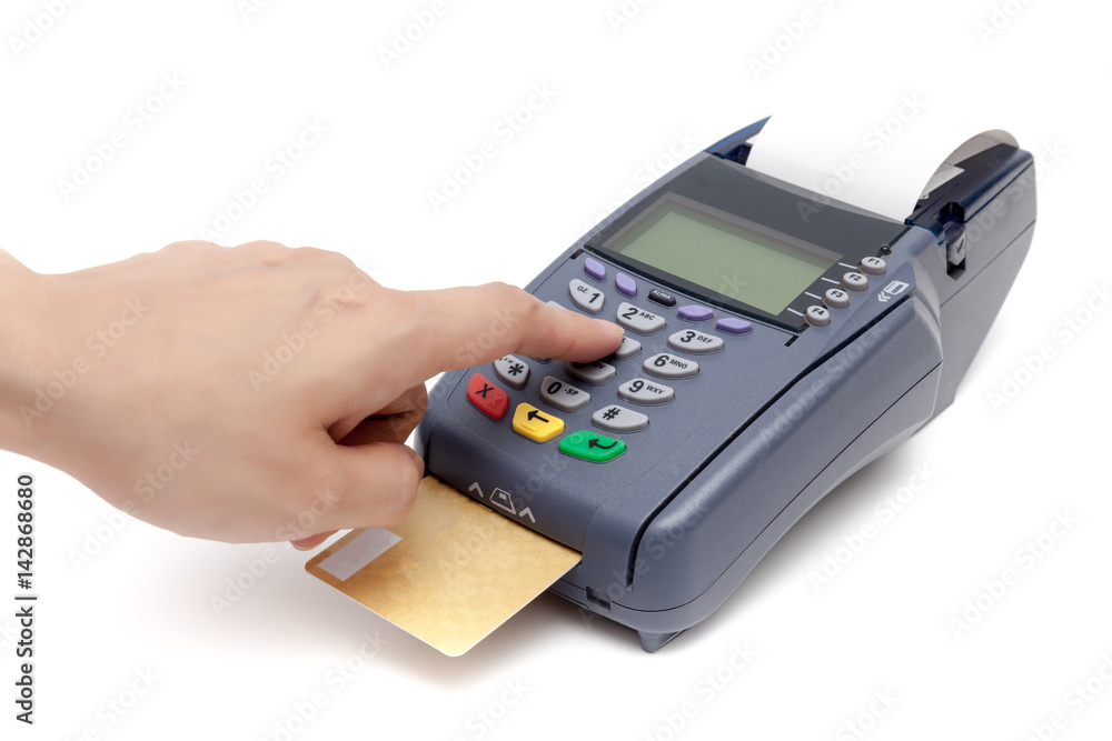 Payment by Credit Card Machine on white background.