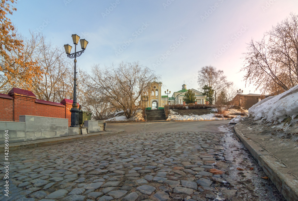 small chapel on pavement street in Tomsk Siberia