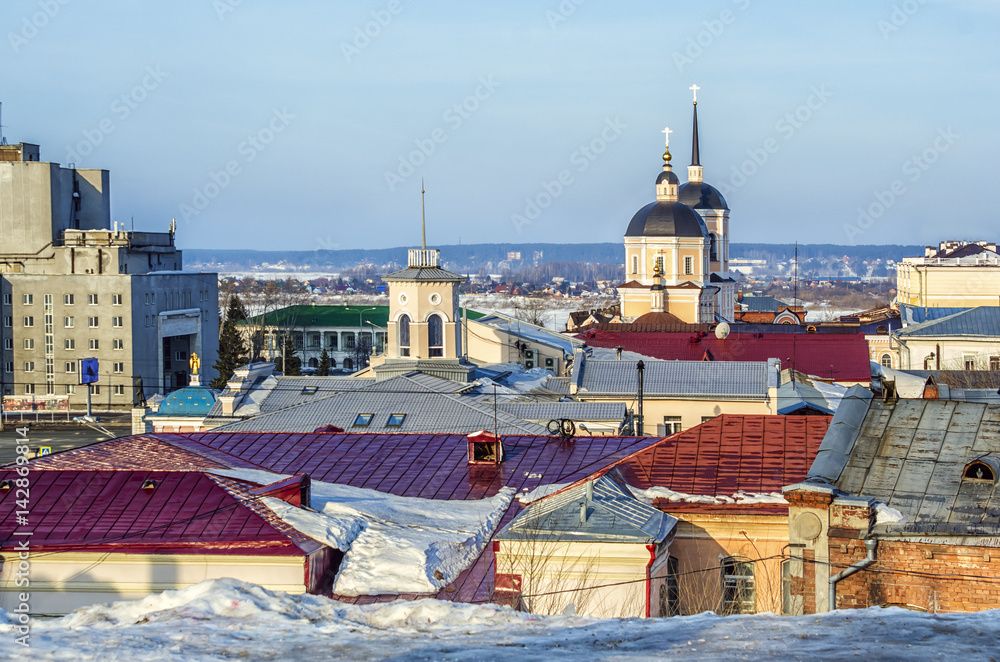 old town landscape with grunge  houses roofs Tomsk Siberia Russia