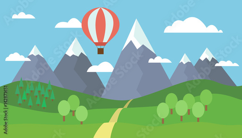 Cartoon view on the way to mountain landscape with a red hot air balloon flying in the hills with trees and snow on the peaks under a blue sky with clouds - vector