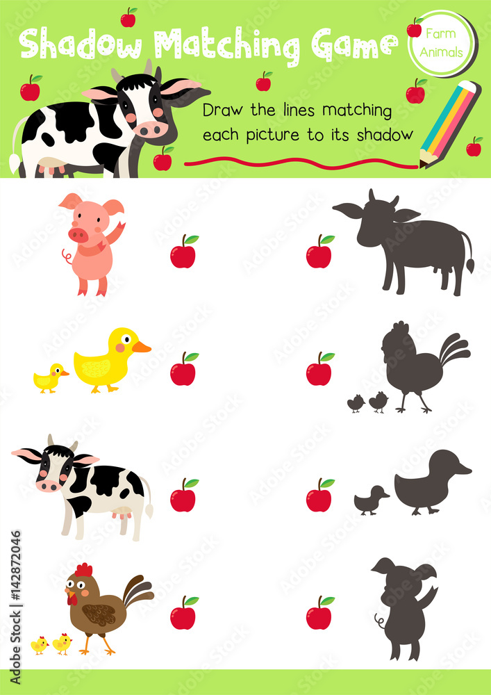 Shadow matching game of farm animals for preschool kids activity worksheet  layout in A4 colorful printable version. Vector Illustration. Stock Vector  | Adobe Stock