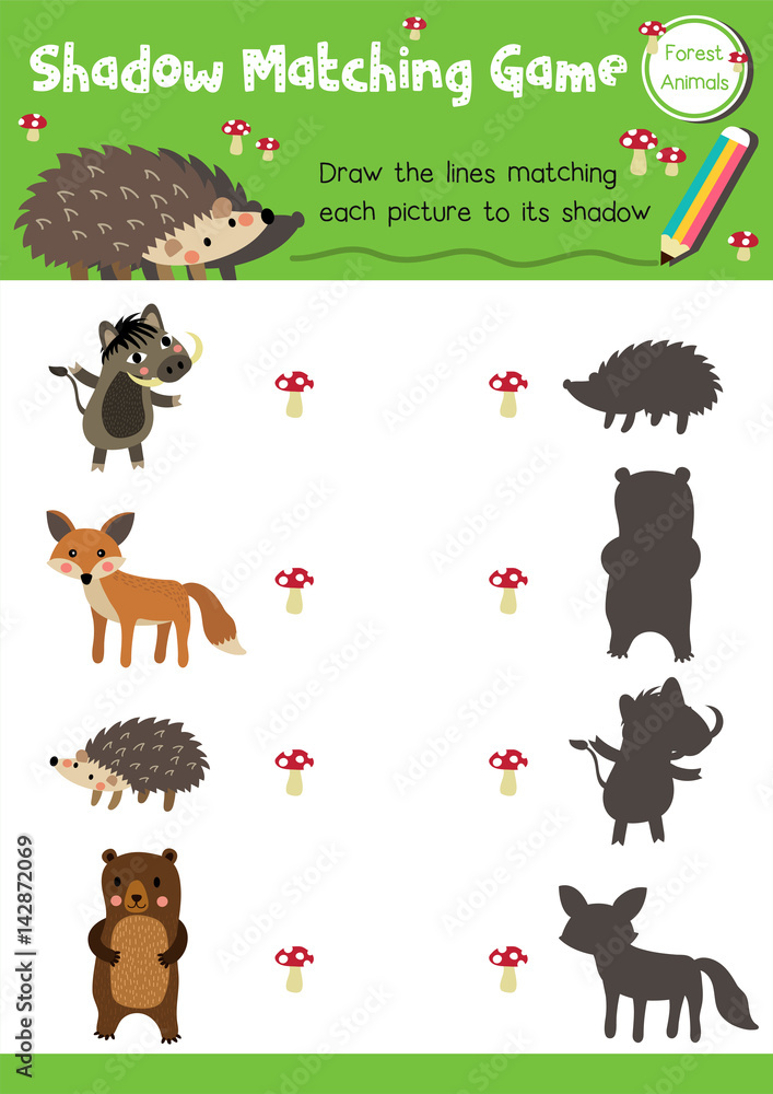 Shadow matching game of forest animals for preschool kids activity worksheet  layout in A4 colorful printable version. Vector Illustration. Stock Vector  | Adobe Stock