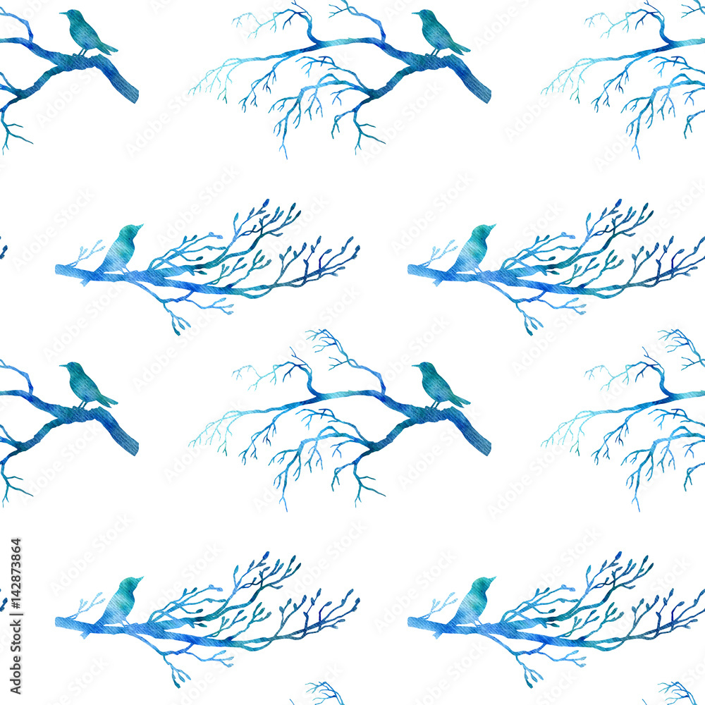 Naklejka premium seamless pattern with blue watercolor birds