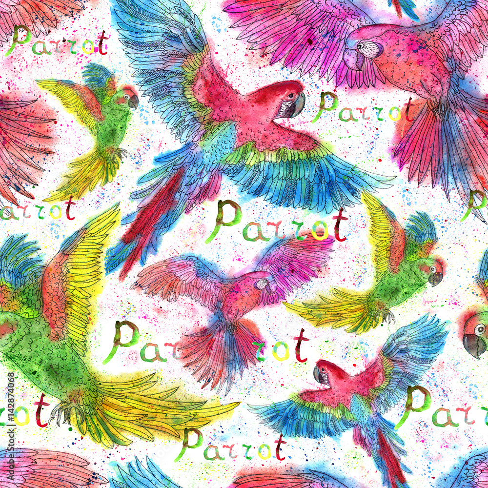 Obraz premium Seamless background with parrots and brush drops on white