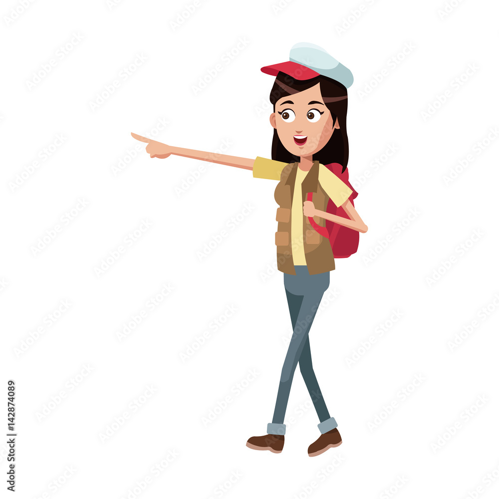 tourist girl with a backpack and cap icon over white background. colorful design. vector illustration tourist girl with a backpack and cap icon over white background. colorful design. vector illustration