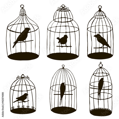 vector birds in cages silhouettes