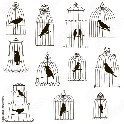 vector birds in cages silhouettes