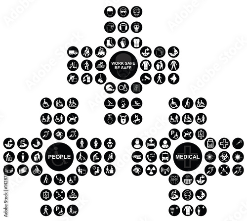Black construction health and safety people and medical cruciform icon collection 