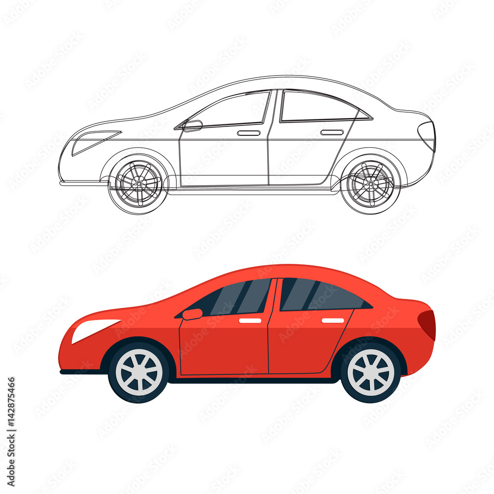 Fototapeta premium Set of car silhouettes, outlines, contours. Sport car sketch concept. Sport automobile vector illustration. Red machine isolated on white background