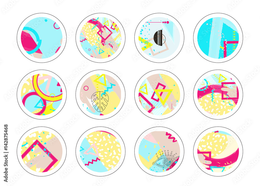 Set of decor elements and stickers with geometric textures. Vector trendy art with geometric figures. Beautiful Scrapbook Elements. Ideal for cards, posters, invitations. Set of decor elements and stickers with geometric textures. Vector trendy art with geometric figures. Beautiful Scrapbook Elements. Ideal for cards, posters, invitations.