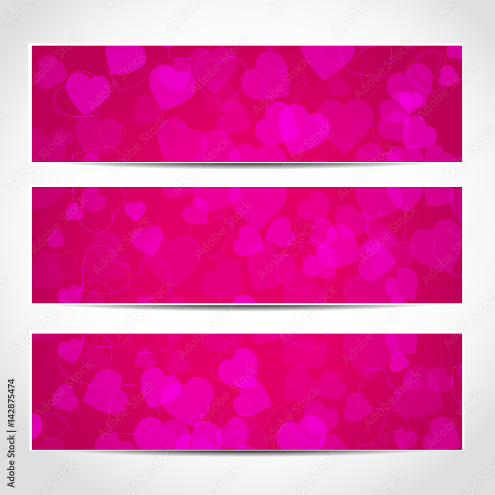 Banners with pink hearts on pink background