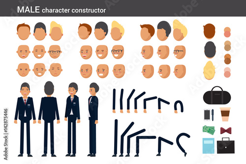 Male character constructor for different poses. Set of various men's faces, hairstyles, hands, legs and accessories. Vector flat style illustration.