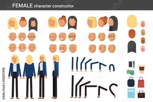 Female character constructor for different poses. Set of various women's faces, hairstyles, hands, legs and accessories. Vector flat style illustration.