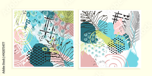 Universal floral cards set. Creative hand drawn texturesin tropic style. Tropical madness cards for wedding, anniversary, birthday, Valentin's day, party invitations.