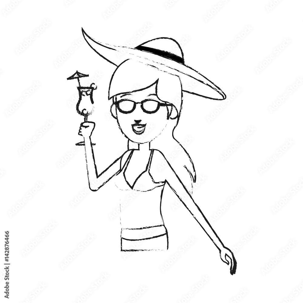 young pretty woman in bathing suit holding cocktail cartoon icon image vector illustration design black sketch line young pretty woman in bathing suit holding cocktail cartoon icon image vector illustration design black sketch line