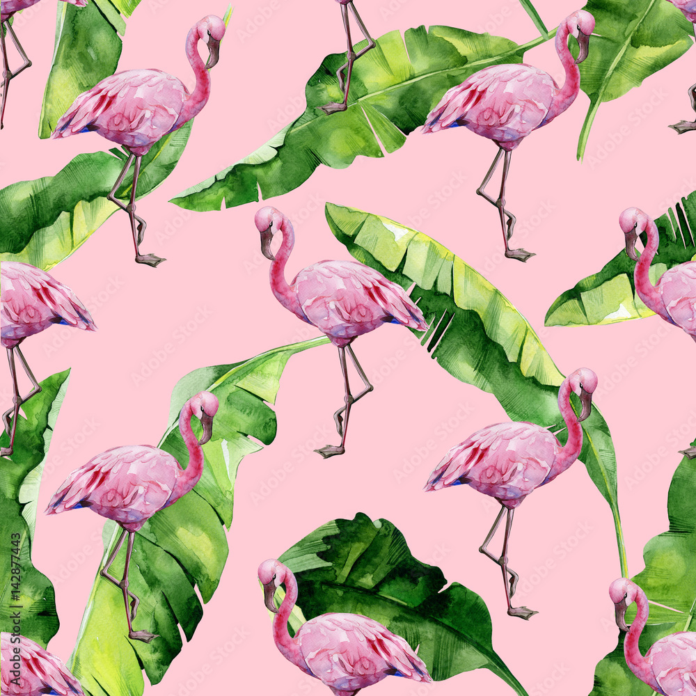 Naklejka premium Tropical leaves, dense jungle. Banana palm leaves Seamless watercolor illustration of tropical pink flamingo birds. Trendy pattern with tropic summertime motif. Exotic Hawaii art background.