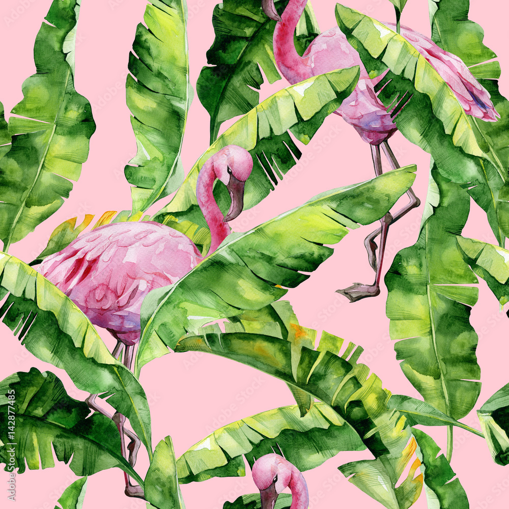 Naklejka premium Tropical leaves, dense jungle. Banana palm leaves Seamless watercolor illustration of tropical pink flamingo birds. Trendy pattern with tropic summertime motif. Exotic Hawaii art background. 