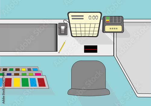 View from above on cash desk in supermarket