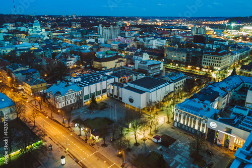 Kaunas city at night, drone aerial view