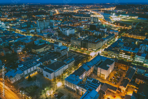 Drone aerial image of city at night. Kaunas, Lithuania © A. Aleksandravicius