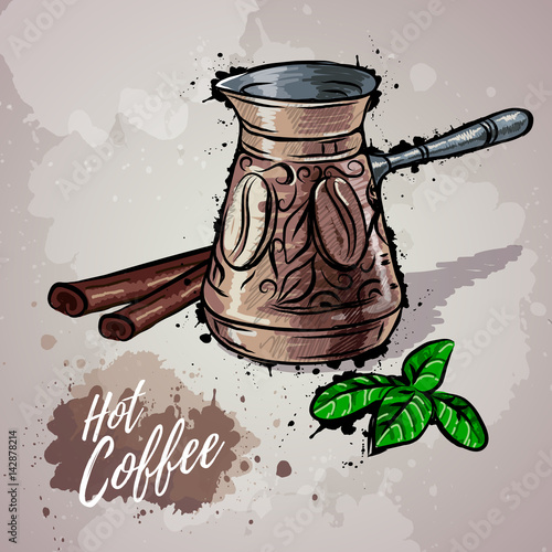 Hand drawn illustration of coffee Turk or hot chocolate